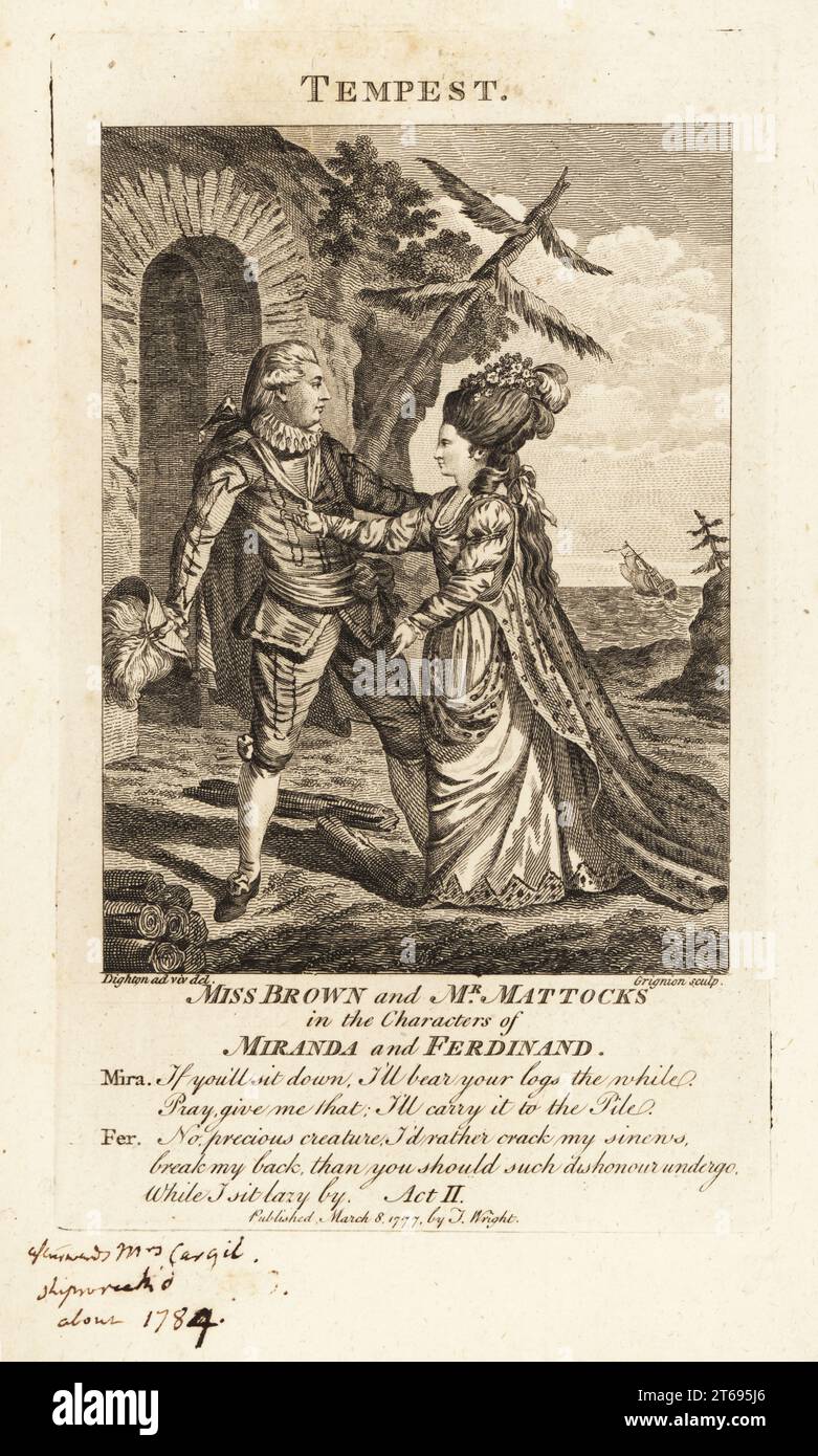 Miss Ann Brown und Mr. George Mattocks in den Figuren von Miranda und Ferdinand in einer Opernfassung von William Shakespeares The Tempest, Covent Garden Theatre, 1776. George Mattocks war Schauspieler, Sänger und Tänzer, von 1735 bis 1804. Ann Brown, später Mrs. Ann Cargill, war eine britische Operndiva, die 1784 beim Schiffbruch der Nancy starb. Kupferstich von Charles Grignion nach einer Illustration aus dem Leben von Robert Dighton, veröffentlicht im Universal Magazine, J. Wright, London, 1777. Stockfoto