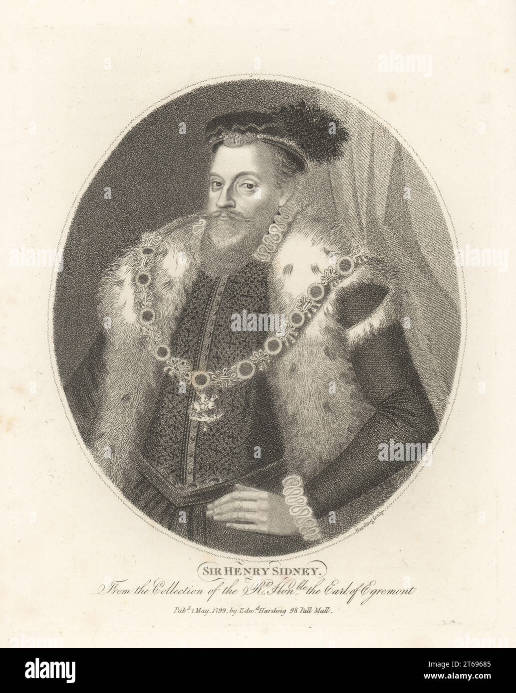 Sir Henry Sidney, Ritter des Garters, Lord Deputy of Ireland, 1529-1586. Höflinge von König Eduard VI., Königin Maria I. und Königin Elisabeth I. Ovales Porträt mit verziertem Wimperntuch, Hermelin-getrimmtem Mantel, kleiner Rüsche, gerafften Bündchen, Mütze mit Bürste und Kragen von St. George. Aus einem Gemälde von Arnold Bronckorst in der Sammlung des Earl of Egremont im Petworth House. Kupferstich von Edward Harding aus John Adolphus the British Cabinet, mit Porträts berühmter Persönlichkeiten, gedruckt von T. Bensley für E. Harding, 98 Pall Mall, London, 1799. Stockfoto
