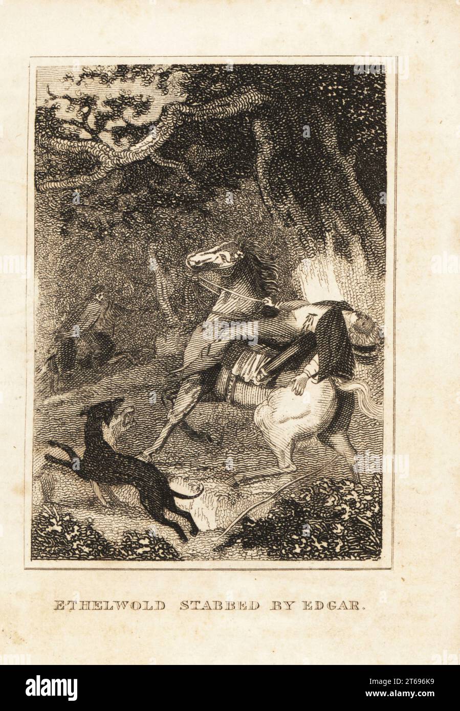 Earl Aethelwald of East Anglia ermordet von König Edgar dem Friedlichen (943–975) in Longparish, Hampshire, 962. Ethelwold von Edgar erstochen. Kupferstich aus M. A. Jones History of England von Julius Caesar bis George IV., G. Virtue, 26 Ivy Lane, London, 1836. Stockfoto