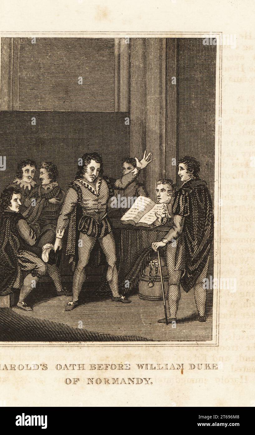 Harold Godwinson schwörte 1064 seine Unterstützung auf Wilhelm von der Normandie. Harolds Eid vor William, Herzog der Normandie. Kupferstich aus M. A. Jones History of England von Julius Caesar bis George IV., G. Virtue, 26 Ivy Lane, London, 1836. Stockfoto