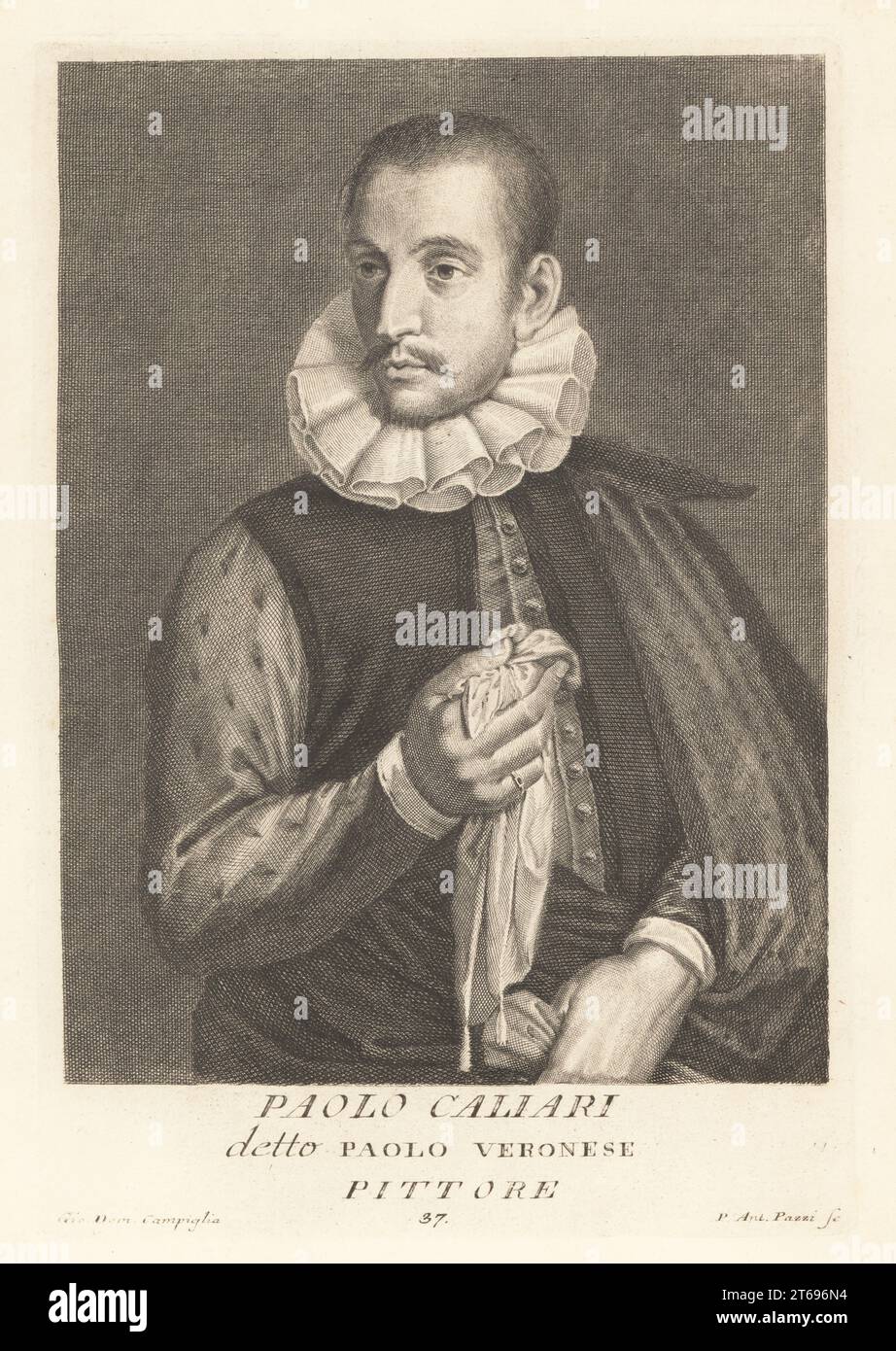 Paolo Caliari, bekannt als Paolo Veronese, italienischer Renaissance-Maler aus Verona, 1528-1588. Bemalte Fresken in der Villa Soranzo, der Villa Fanzolo und der Kirche San Liberale in Castelfranco. Copperplate-Gravur von Pietro Antonio Pazzi nach Giovanni Domenico Campiglia nach einem Selbstportrait des Künstlers aus Francesco Moucke's Museo Florentino (Museum Florentinum), Serie di Ritratti de Pittori (Serie von Maler-Porträts) stamperia Mouckiana, Florenz, 1752-62. Stockfoto