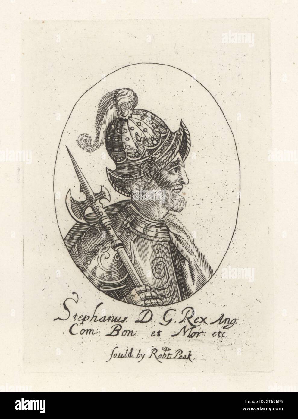 Stephen, König von England, um 1092-1154. Stephan von Blois, Graf von Boulogne und Herzog der Normandie. In gefedertem Helm, einer Plattenrüstung, einem pelzumhang mit einer Kampfaxt. König Stephan von England. Aus William Faithornes Königsset. Stephanus DG Rex Ang com Bon et Mor etc Kupferstich aus der Samuel Woodburns Gallery mit seltenen Porträts bestehend aus Original Plates, George Jones, 102 St Martins Lane, London, 1816. Stockfoto