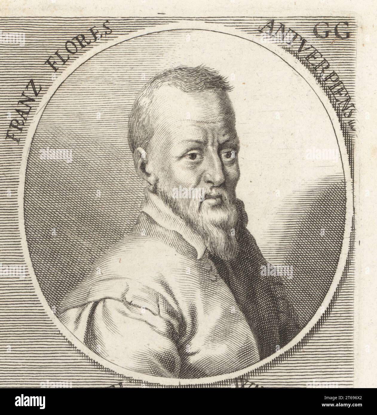 Frans Floris, flämischer Maler, Zeichner, Radierer, Printkünstler und Tapisseriedesigner, eröffnete zwischen 1515 und 1570 eine Werkstatt in Antwerpen. Franz Flores Antverpiensis. Kupferstich nach einer Illustration von Joachim von Sandrart aus seiner LAcademia Todesca, della Architectura, Scultura & Pittura, oder Teutsche Academie, der Edlen Bau- Bild- und Mahlerey-Kunste, Deutsche Akademie für Architektur, Skulptur und Malerei, Jacob von Sandrart, Nürnberg, 1675. Stockfoto