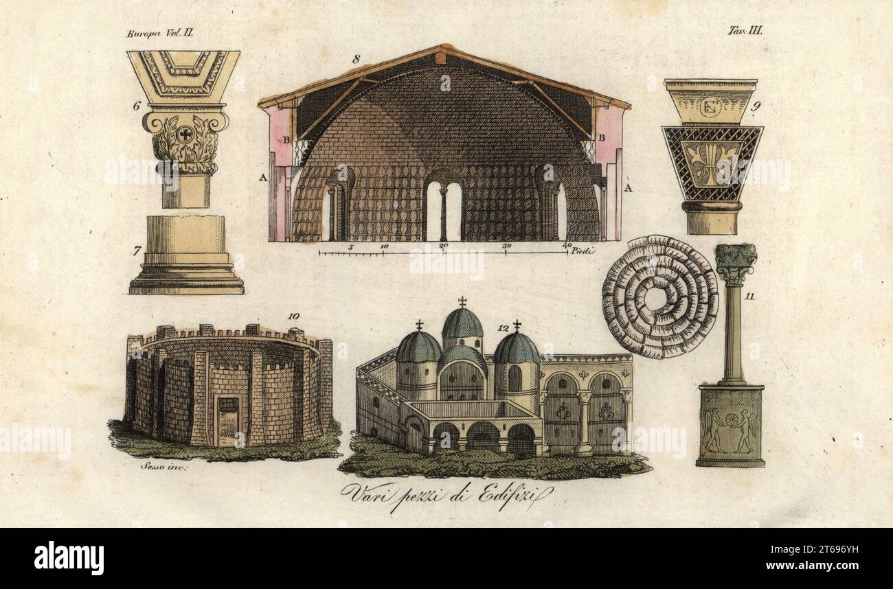 Verschiedene architektonische Merkmale. Hauptstadt 6 und Säulenbasis von Hagia Sophia 7, Kuppel 8 und Hauptstadt 9 von der Basilika San Vitale, Ravenna, Kreisgefängnis 10, Portikus 11, griechische Kirche 12, VARI pezzi di Edifizi. Handkolorierter Kupferstich von Corsi aus Giulio Ferrarios Kostüme Alte und Moderne der Völker der Welt, Il Kostüm Antico e Moderno, Florenz, 1826. Stockfoto