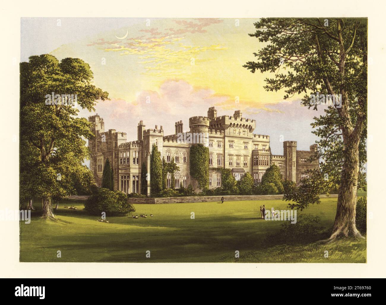 Hawarden Castle, Flintshire, Wales. Herrenhaus aus dem 18. Jahrhundert, entworfen von Samuel Turner für Sir John Glynne, renoviert in der Regency-Ära im Stil der gotischen Neuzeit von Thomas Cundy für Sir Stephen Richard Glynne, 8. Baronet. Heim von William Gladstone, Parlamentsabgeordneter, dessen Vater John Gladstone 11 Plantagen in Britisch-Guayana und Jamaika besaß (2.912 versklavt). Farbholzblock von Benjamin Fawcett im Baxter-Prozess einer Illustration von Alexander Francis Lydon von Reverend Francis Orpen Morriss malerische Ansichten der Sitze von Adligen und Herren von Großbritannien und Irland, William Stockfoto