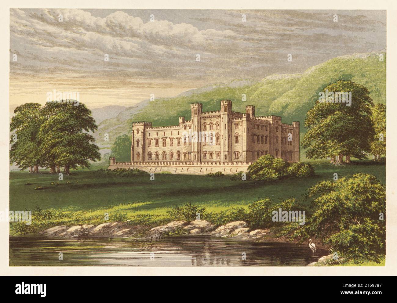 Scone Palace, Perthshire, Schottland. Burg im Stil des Gotischen Neujahrs, erbaut aus rotem Sandstein von William Atkinson für David William Murray, 3. Earl of Mansfield im Jahr 1807. Gärten von John Claudius Loudon. Farbholzblock von Benjamin Fawcett im Baxter-Prozess einer Illustration von Alexander Francis Lydon von Reverend Francis Orpen Morriss malerische Ansichten der Sitze von Adligen und Herren von Großbritannien und Irland, William Mackenzie, London, 1880. Stockfoto