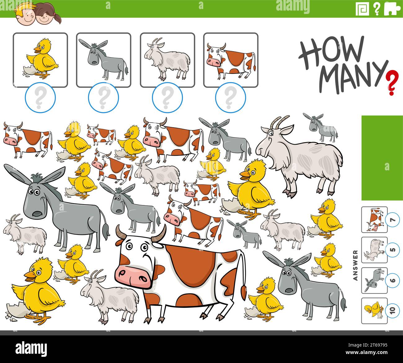 Comic-Illustration eines lehrreichen Zählspiels mit Comic-Farmtierfiguren Stock Vektor