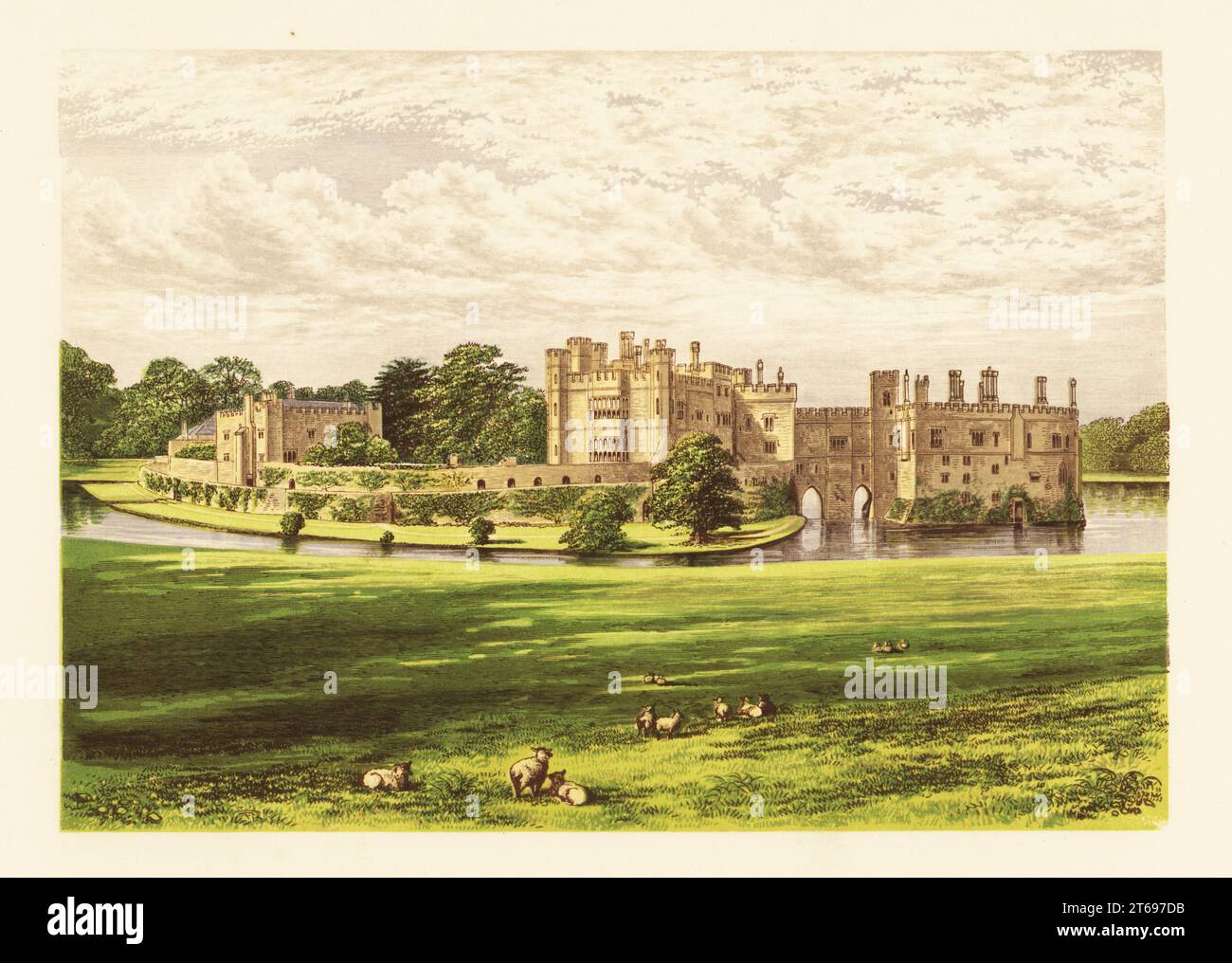 Leeds Castle, Kent, England. Mittelalterliche Burg, die 1823 im Tudor-Stil renoviert wurde. Heim von Robert Fairfax, 6. Lord Fairfax of Cameron, Besitzer von 30 Plantagen in Virginia mit mehreren 100 versklavten Arbeitern, und später Charles Wykeham-Martin, Abgeordneter. Farbholzblock von Benjamin Fawcett im Baxter-Prozess einer Illustration von Alexander Francis Lydon von Reverend Francis Orpen Morriss malerische Ansichten der Sitze von Adligen und Herren von Großbritannien und Irland, William Mackenzie, London, 1880. Stockfoto