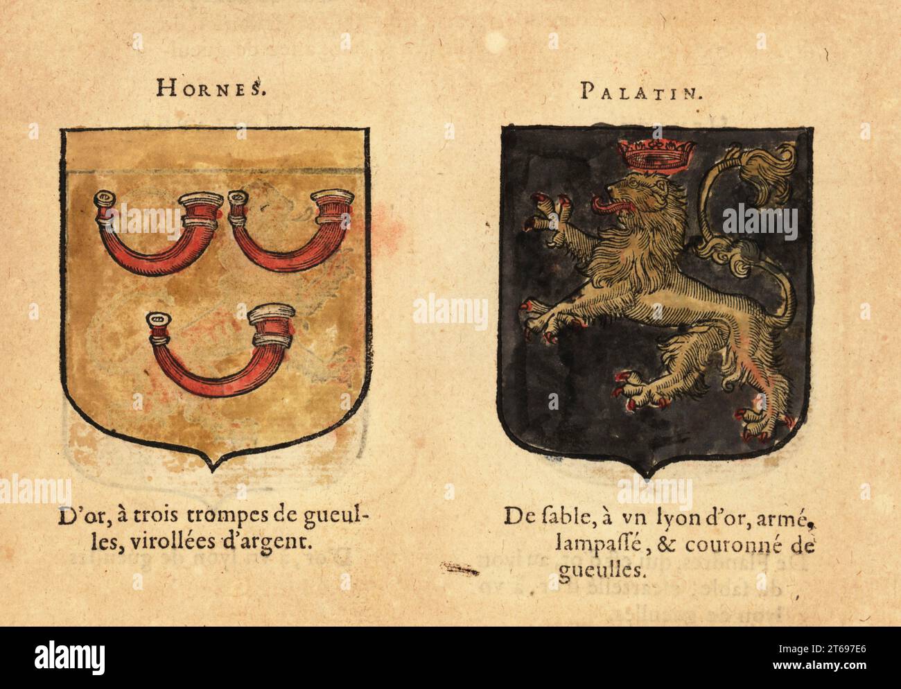 Wappen des Grafen von Horne, mit drei roten Trompeten auf Goldfeld, und des Pfalzgrafen von Rhein, mit goldenem Löwen und roter Krone auf schwarzem Feld. Comtez: Hornes, Palatin. Handkolorierter Holzschnitt von Hierosme de Baras Le Blason des Armoiries, Chez Rolet Boutonne, Paris, 1628. Stockfoto