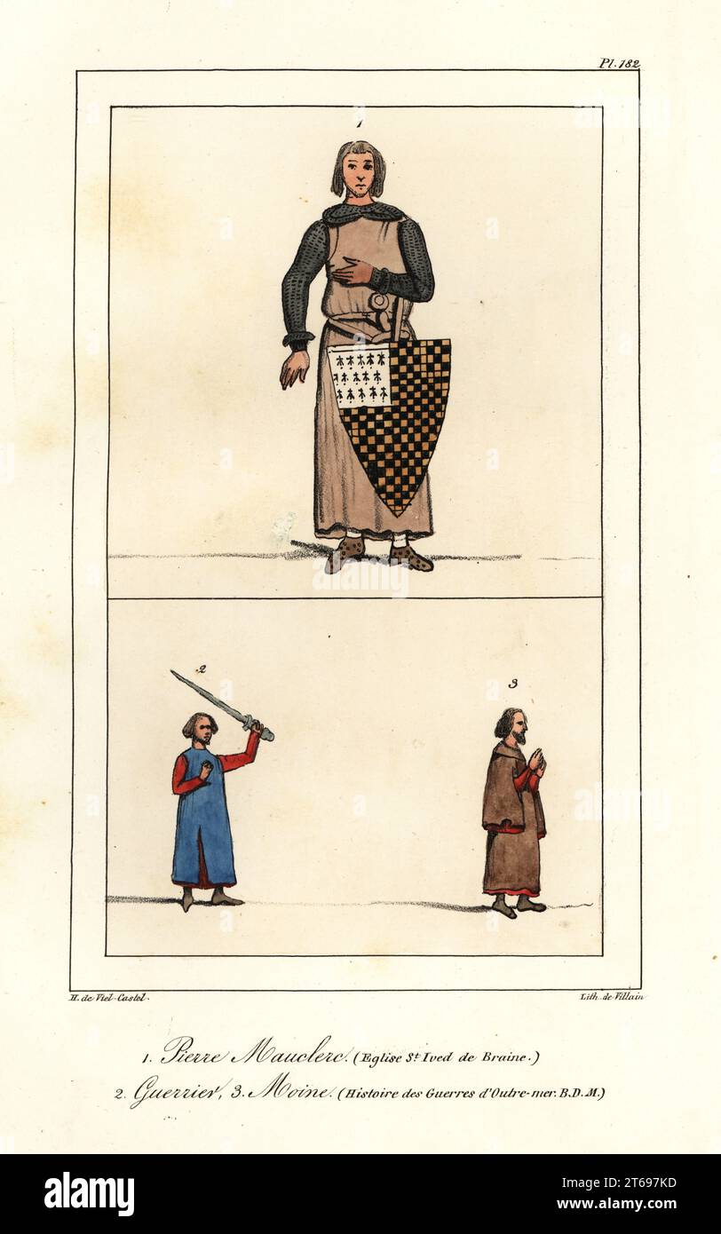 Peter I. oder Peter Mauclerc, Herzog der Bretagne, in Hauberk, Tunika mit Wappen, 1187–1250, (aus der Kirche Saint-Yved de Braine) und Krieger und Mönch (aus der Geschichte der Fremden Kriege). Pierre Mauclerc (Eglise St. Ived de Braine), Guerrier, moine (Histoire des Guerres dOutre-mer, BDM). Handkolorierte Lithographie von Bösewicht nach einer Illustration von Horace de vier-Castel aus seiner Sammlung des Kostüms, Armes et meubles pour servir à l’histoire de la France (Sammlung von Kostümen, Waffen und Möbeln für die Geschichte Frankreichs), Treuttel & Wurtz, Bossange, 1829. Stockfoto