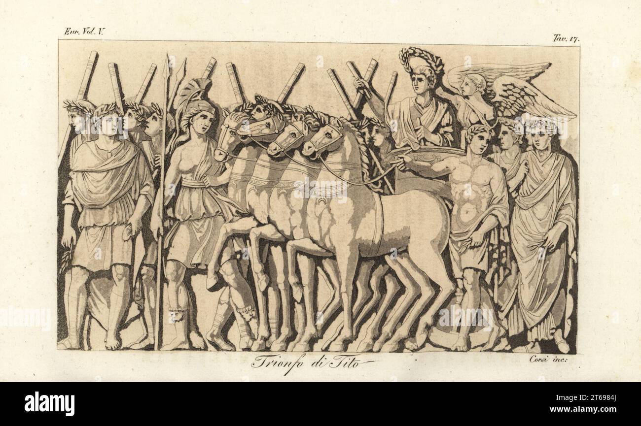 Kaiser Titus in einem Quadriga- oder Vierpferdewagen, gekrönt von der Personifikation des Sieges auf dem Bogen für Titus. Die Göttin Roma führt die Pferde an, während römische Bürger und Senatoren zusehen. Triumph des Titus über Jerusalem. Trionfo di Tito. Handkolorierter Kupferstich von Corsi aus Giulio Ferrarios Kostüme Alte und Moderne der Völker der Welt, Il Kostüm Antico e Moderno, Florenz, 1843. Stockfoto