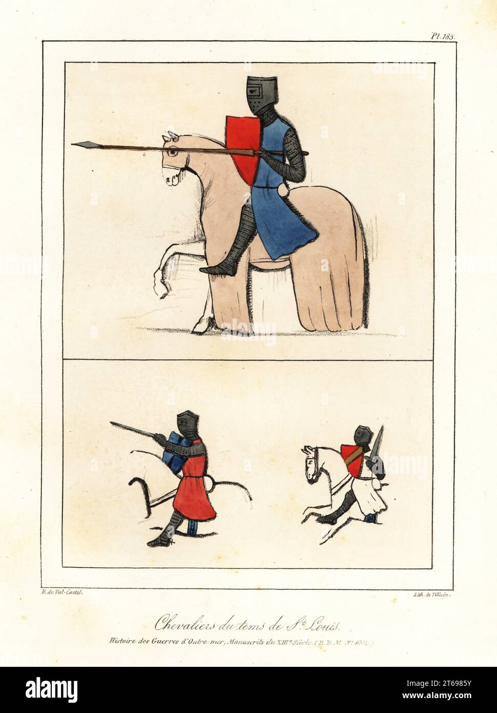 Kreuzritter aus der Zeit von König Ludwig IX., Saint Louis, 1214-1270. Bestiegen zu Pferd mit großem Helm, Kettenpost Hauberk, Tunika, Lanze, Schwert, Schild mit Wappen. Aus einer Handschrift aus dem 13. Jahrhundert Geschichte der Kreuzzüge von Guillaume de Tyr. Chevaliers du tems de St. Louis. Histoire de la Guerre Sainte, manuscrits du XIIIe siecle (BDM Nr. 8312). Handkolorierte Lithographie von Villain nach einer Illustration von Horace de viel-Castel aus seiner Sammlung des Kostüms, Armes et meubles pour servir à l'histoire de la France (Sammlung von Kostümen, Waffen und Möbeln, die in der Geschichte verwendet werden Stockfoto