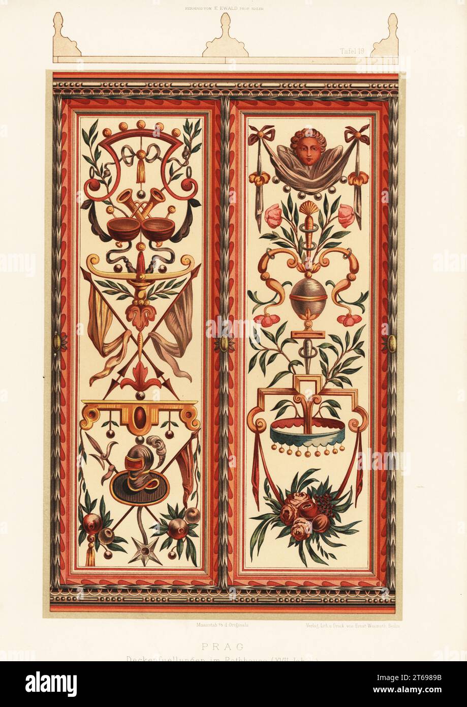 Deckenpaneele im Alten Rathaus, Prag, 17. Jahrhundert. Deckenfuellungen im Rahthause XVII Jahrh, Prag. Chromolithographie aus Ernst Ewalds Farbige Decorationen, Alter und Never Zeit, Ernst Wasmuth, Berlin, 1889. Stockfoto