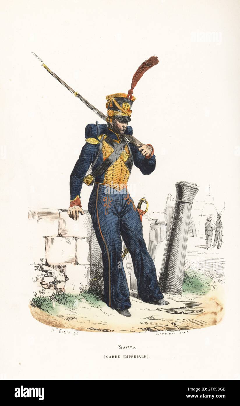 Uniform der Marines der französischen Kaiserlichen Garde. Husarenartige Uniform aus gefiedertem Shako, Mantel mit aurore-Goldfrosch und Schulterklappen, Hose mit Paspeln, bewaffnet mit Säbel und Muskete. Marins, Garde Imperiale. Handkolorierter Holzschnitt von Andrew Best Leloir nach einer Illustration von Hippolyte Bellangé von P.M. Laurent de lArdeches Histoire de Napoleon, Paris, 1840. Stockfoto