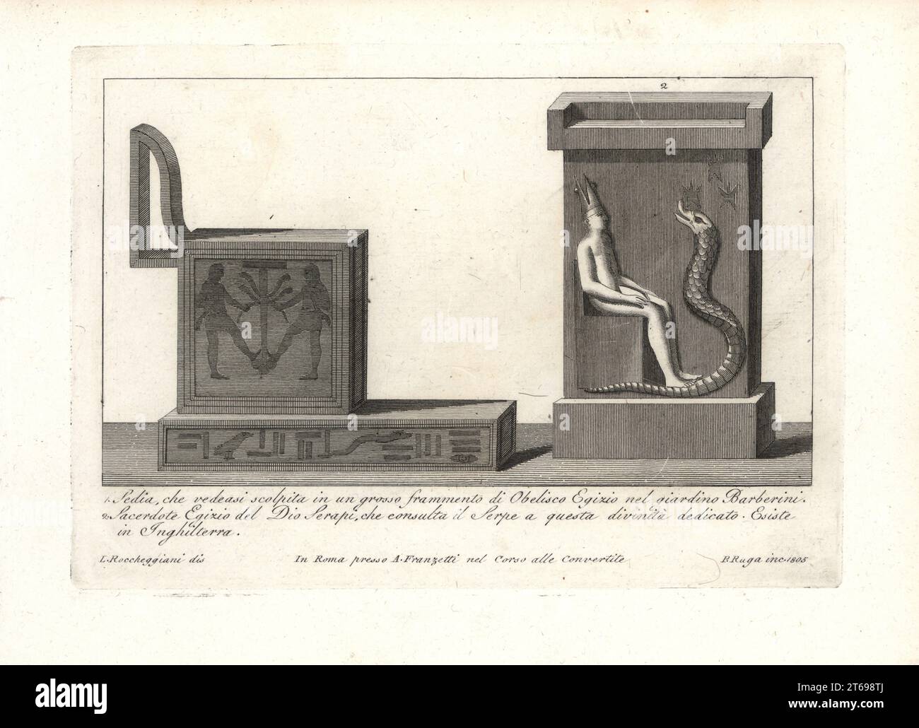 Ägyptischer Stuhl, geschnitzt in einem Obelisk im Barberini-Garten 1, und ein ägyptischer Priester des gottes Serapis, der eine Schlange 2 konsultiert. Kupferstich von Pietro Ruga nach einer Illustration von Lorenzo Rocceggiani aus eigenen 100 Tafeln mit religiösen, zivilen und militärischen Kostümen der alten Ägypter, Etrusker, Griechen und Römer, Franzetti, Rom, 1802. Stockfoto