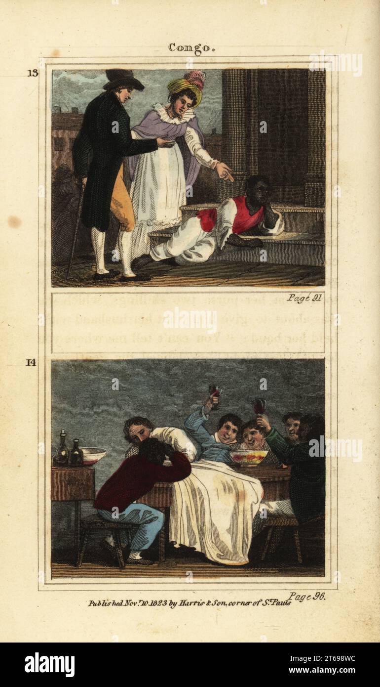 Die versklavte Person Kongo erhielt zwei Schilling von einem Paar in Cork 13 und der Kongo trinkt mit Paddy OLeary und seiner Bettelbande 14. Handkolorierter Kupferstich von Eliza Rotch Farrars The Adventures of Congo in Search of his Master, J. Harris and Son, London, 1823. Eliza Farrar, 1791–1870, war die Tochter einer Walfangfamilie aus Nantucket, die mehrere Kinderbücher weiß. Stockfoto