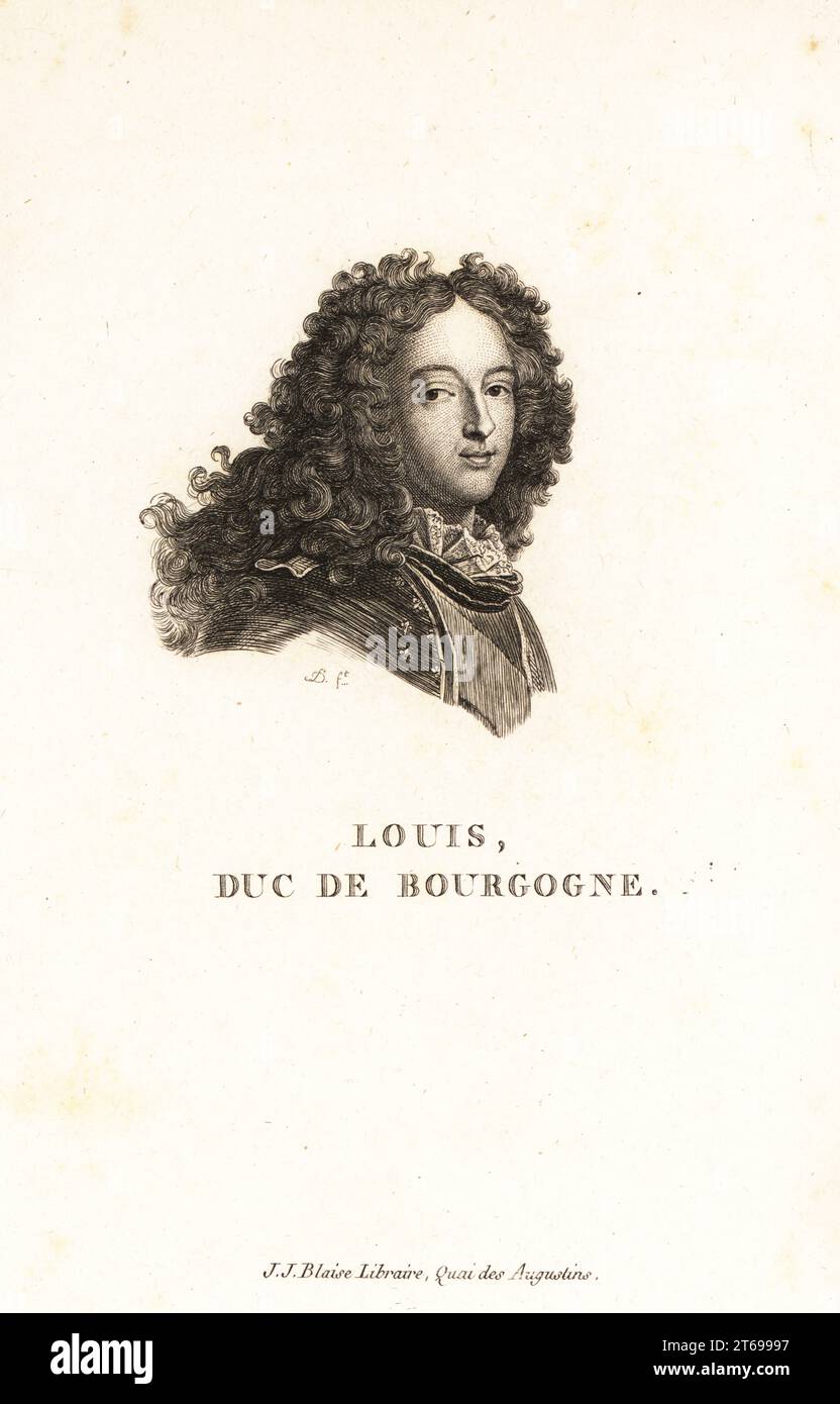Louis, Herzog von Burgund, 1682-1712. Petit Dauphin, ältester Sohn von Ludwig, Grand Dauphin, und Dauphine Maria Anna, Enkel von König Ludwig XIV Louis, Herzog von Bourgogne. Kupferstich von D nach Joseph Vivien aus Marie de Rabutin-Chantal Sevignes Collection des Vingt Portraits du Siecle de Louis XIV, Sammlung von 20 Porträts des Jahrhunderts von König Ludwig XIV, J.J. Blaise, Libraire, Quai des Augustins, Paris, 1818. Stockfoto