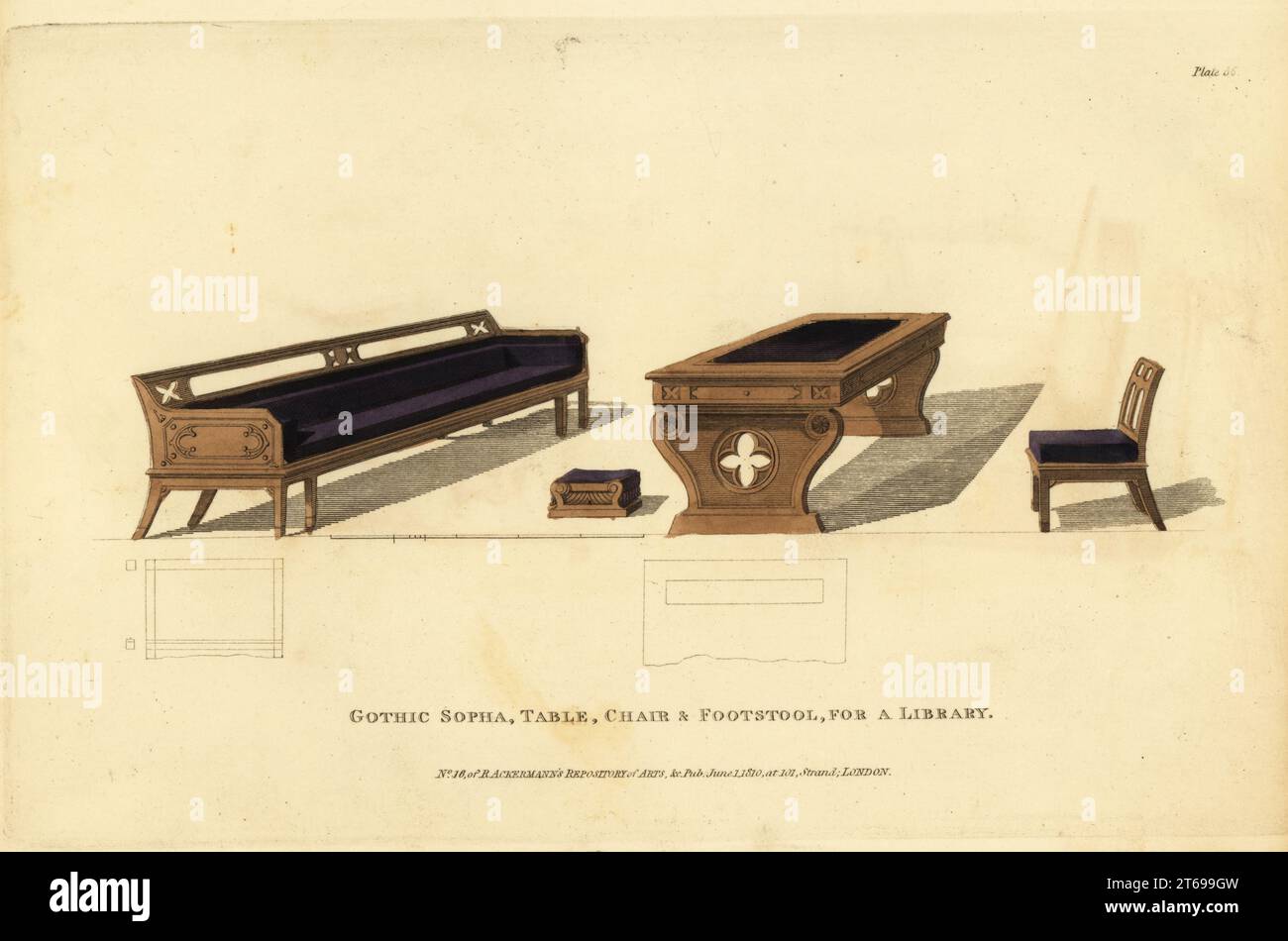 Gotisches Sofa, Tisch, Stuhl und Hocker für eine Bibliothek, 1810. Die Holzmöbel mit Holzvertäfelungen sind mit französischer Füllung und purpurem marokkanischem Leder bezogen. Handkolorierter Kupferstich aus dem Upholsterer's and Cabinet-Maker's Repository, bestehend aus sechsundsiebzig Entwürfen moderner und modischer Möbel, Rudolph Ackermann, London, 1830. Stockfoto