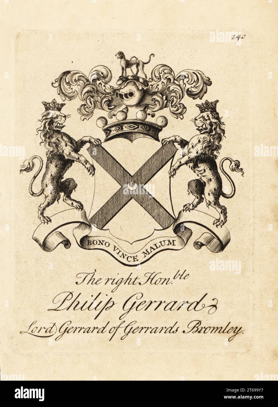 Wappen der Rechten, ehrenwerter Philip Gerrard, Lord Gerrard of Gerrards Bromley, 7. Baron Gerard, 16651733. Kupferstich von Andrew Johnston nach C. Gardiner aus Notitia Anglicana, Shewing the Achievement of all the English Ability, Andrew Johnson, The Strand, London, 1724. Stockfoto