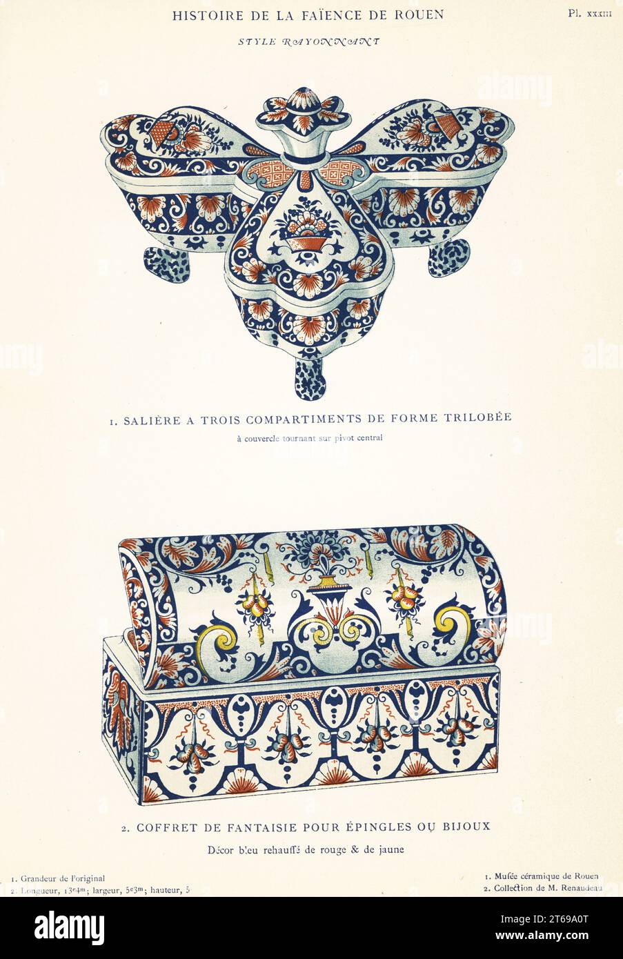 Salzkeller und Fancy Case für Stifte oder Schmuck, festoon Stil, Rouen. Saliere a trois compartiments de forme trilobee, Coffret de fantaisie pour epingles ou bijoux, style rayonnant. Chromolithographie nach einer Illustration von Emilie Pottier aus Andre Pottiers Histoire de la Faience de Rouen, Auguste le Brurent, Rouen, 1870. Stockfoto