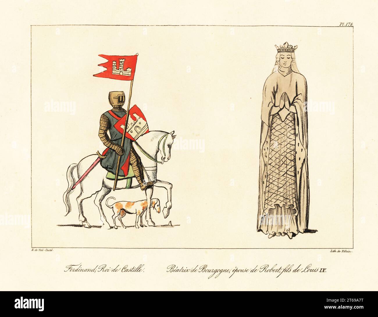Ferdinand III, König von Kastilien, mit Helm, hauberk, Tunika, Schwert, Wimpel, Schild mit Wappen, und Beatrice von Burgund, Lady of Bourbon, Ehefrau von Robert von Clermont, 1257-1310, aus ihrem Grab Bildnis in Cordeliers Convent de Champagne. Ferdinand, ROI de Castille, Beatrix de Bourgogne, epouse de Robert, fils de Louis IX. Handkolorierte Lithographie von Villain nach einer Illustration von Horace de viel-Castel aus seiner Sammlung des Kostüms, Armes et meubles pour servir à l'histoire de la France (Sammlung von Kostümen, Waffen und Möbeln zur Verwendung in der Geschichte Frankreichs), Treuttel & Wurtz, Stockfoto