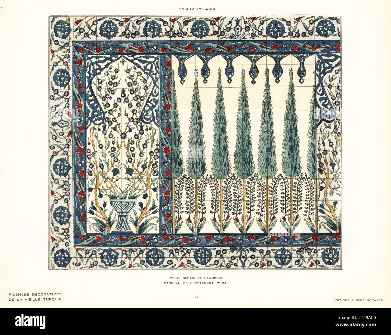 Platte aus Keramikfliesen, die einen Garten mit Tulpen, Bäumen, Blumen und Laub im Alten Seraglio von Istanbul darstellen, hergestellt in Iznik, Türkei, um 1460. Vieux serail de Stamboul. Wandgemälde Panneau de revetement. Isnik (Vers 1460). Pochoir (Schablone) handkolorierte Lithografie von Alexandre Raymonds Faience Decorative de la Vieille Turquie, Dekorative Keramik aus der antiken Türkei, Editions Albert Morance, Paris, 1927. Stockfoto