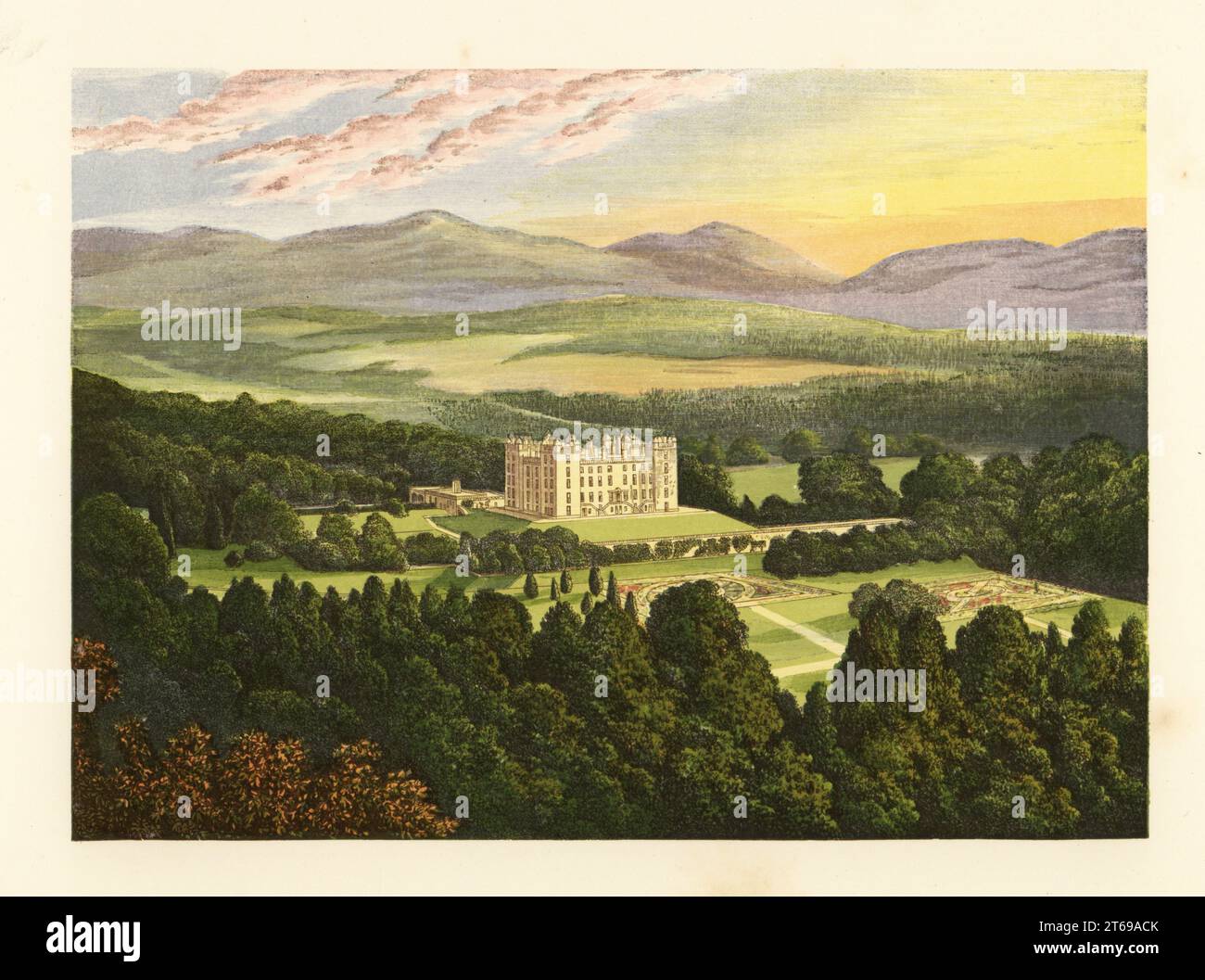 Drumlanrig Castle, Dumfriesshire, Schottland. Gotische Burg aus rosafarbenem Sandstein im Jahre 1689 von William Douglas, 1. Duke of Queensberry, erbaut und 1827 renoviert. Heim von William Montagu Douglas Scott, 6. Duke of Buccleuch. Farbholzblock von Benjamin Fawcett im Baxter-Prozess einer Illustration von Alexander Francis Lydon von Reverend Francis Orpen Morriss Eine Reihe malerischer Ansichten der Sitze von Adligen und Gentlemen von Großbritannien und Irland, William Mackenzie, London, 1880. Stockfoto