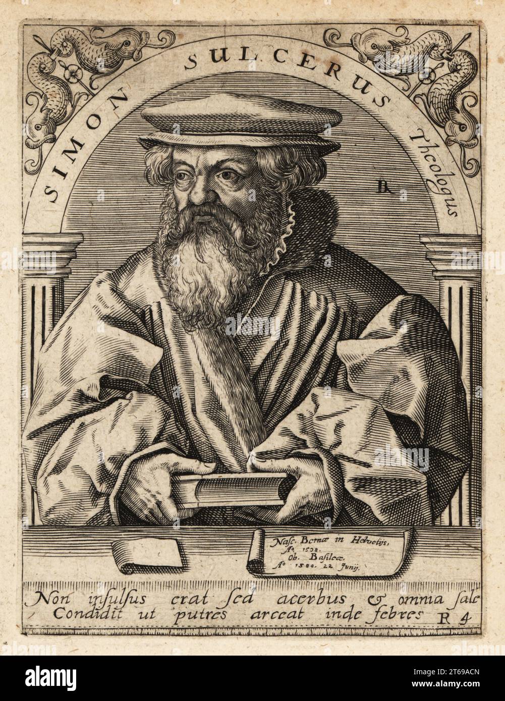 Simon Sulzer, 1508–1585, Schweizer Reformierter Theologe, Reformator und Antistes-Kirche von Basel. Simon Sulcerus Theologus. Kupferstich von Johann Theodore de Bry aus Jean-Jacques Boissards Bibliotheca Chalcographica, Johann Ammonius, Frankfurt, 1650. Stockfoto