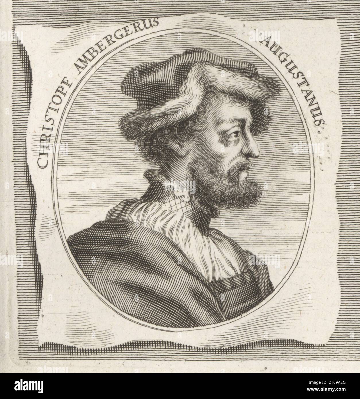 Christoph Amberger, deutscher Maler, Grafiker und Zeichner von Augsburg, ein Schüler von Hans Holbein, um 1505–1562. Christofe Ambergerus Augustanus. Kupferstich nach einer Illustration von Joachim von Sandrart aus seiner LAcademia Todesca, della Architectura, Scultura & Pittura, oder Teutsche Academie, der Edlen Bau- Bild- und Mahlerey-Kunste, Deutsche Akademie für Architektur, Skulptur und Malerei, Jacob von Sandrart, Nürnberg, 1675. Stockfoto