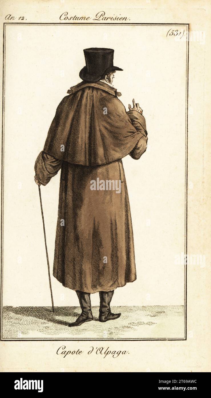 Dandy in Oberhut und Reitmantel aus Alpakawolle mit cape-Kragen. Capote d'alpaga. Handkolorierter Kupferstich aus Pierre de la Mesangeres Journal des Dames et des Modes, Zeitschrift für Frauen und Mode, Paris, an 12. Februar 1804. Illustrationen von Carle Vernet, Jean-Francois Bosio, Dominique Bosio und Philibert Louis Debucourt, Kupferstich von Pierre-Charles Baquoy. Stockfoto