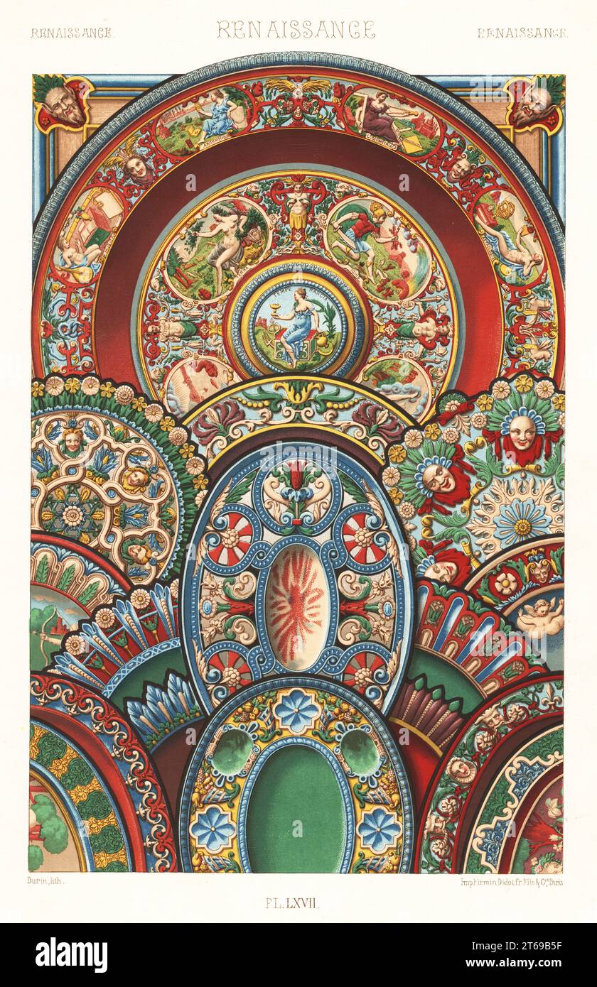 Renaissance-Kunst: Emailliertes Steingut. Zierteller von Bernard Palissy auf einer Blechplatte von Francois Briot, andere Gerichte und Borten von Bernard Palissy. Handgefertigte Chromolithographie von F. Durin von Albert-Charles-Auguste Racinets LOrnement polychrome, (polychromatisches Ornament), Firmin-Didot, Paris, 1869-73. Stockfoto
