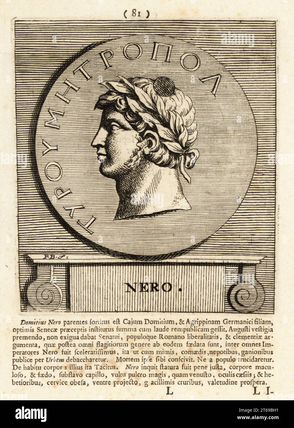Nero Claudius Caesar Augustus Germanicus, 37 68 n. Chr. Ursprünglich Lucius Domitius Ahenobarbus genannt, fünfter Kaiser von Rom, der letzte in der Julio-Claudianischen Dynastie. Kaiser Nero. Kupferstich von Pieter Bodart (1676–1712) aus Henricus spoors Deorum et Heroum, Virorum et Mulierum Illustrium imagines Antiquae Illustatae, Götter und Helden, Männer und Frauen, illustriert mit antiken Bildern, Petrum, Amsterdam, 1715. Erstmals 1707 als Favissæ utriusque antiquitatis tam Romanæ quam Græcæ veröffentlicht. Henricus Spoor war ein niederländischer Arzt, klassischer Gelehrter, Dichter und Schriftsteller. 1694-1716. Stockfoto