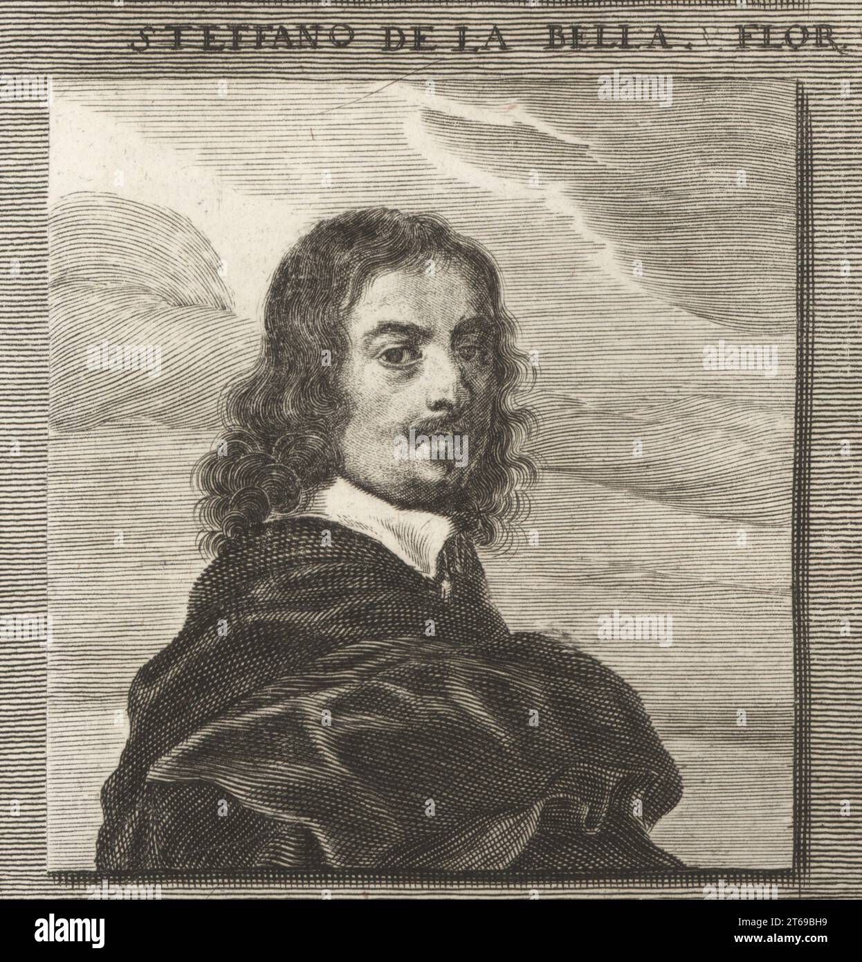 Stefano della Bella, italienischer Zeichner und Druckmacher aus Florenz, 1610-1664. Bekannt für Radierungen einer Vielzahl von Motiven, einschließlich Militär- und Hofszenen, Landschaften und Genre-Szenen. Steffano de la Bella Flor. Kupferstich nach einer Illustration von Joachim von Sandrart aus seiner LAcademia Todesca, della Architectura, Scultura & Pittura, oder Teutsche Academie, der Edlen Bau- Bild- und Mahlerey-Kunste, Deutsche Akademie für Architektur, Skulptur und Malerei, Jacob von Sandrart, Nürnberg, 1675. Stockfoto
