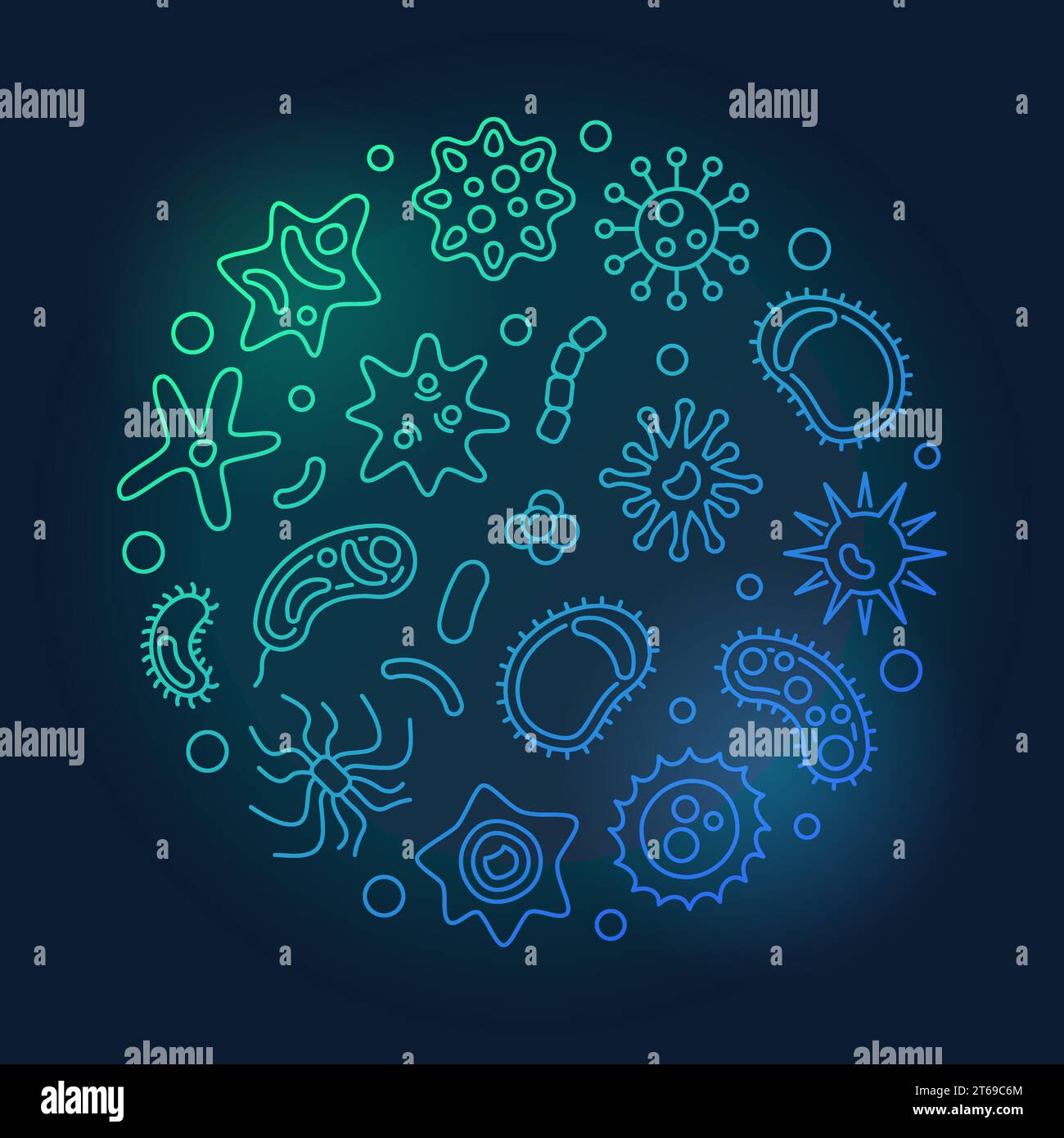 Bakterium runder Vektor kreative Mikrobiologie helle Illustration gemacht mit Mikroorganismen Linie Symbole auf dunklem Hintergrund Stock Vektor
