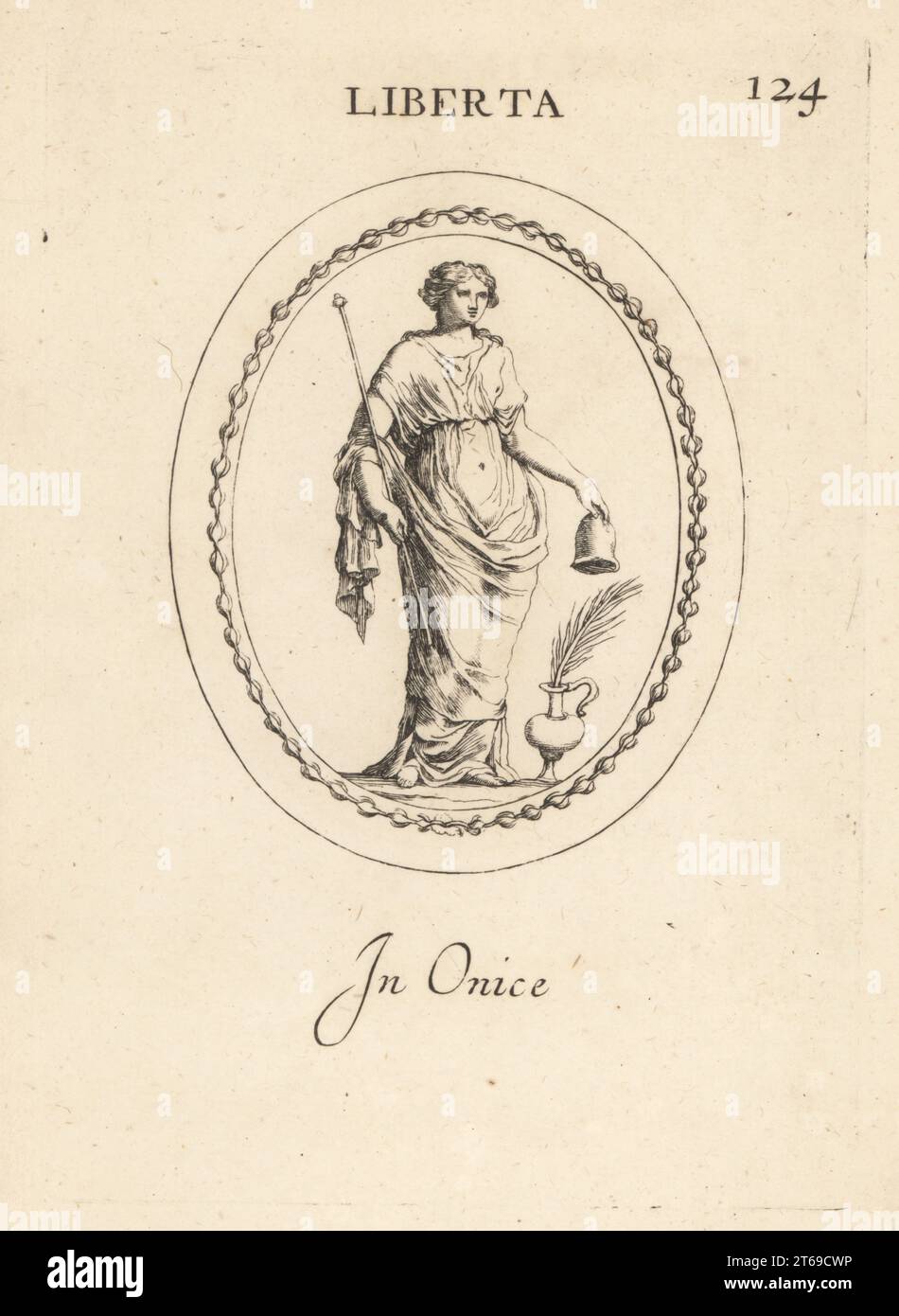 Figur von Libertas, römische Göttin der Freiheit. Sie hält den Stab oder die Vindicta und die Mütze oder den Pileus. In Onyx. Liberta. In einem. Kupferstich von Giovanni Battista Galestruzzi nach Leonardo Agostini aus Gemmae et Sculpturae Antiquae Depicti ab Leonardo Augustino Senesi, Abraham Blooteling, Amsterdam, 1685. Stockfoto