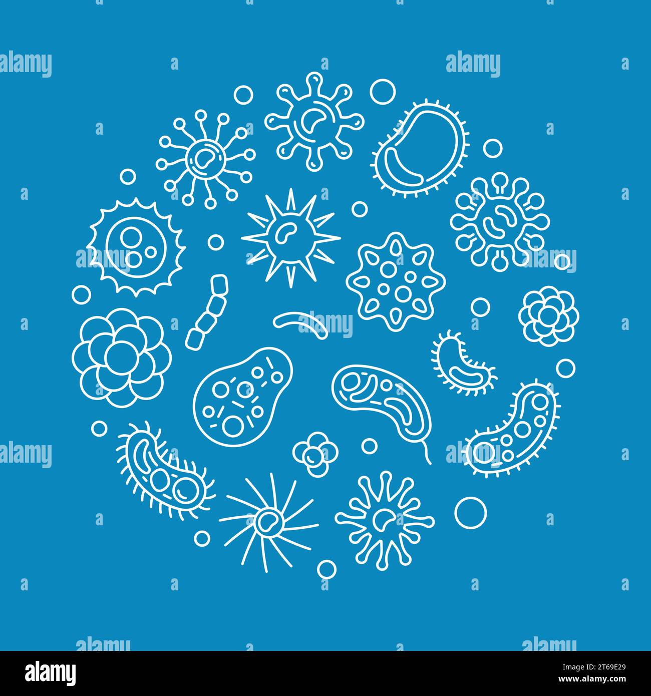 Bakterien kreisförmiges Vektor-Konzept Illustration mit Mikroben, Bakterium und Virus Symbole in dünner Linie Stil auf blauem Hintergrund Stock Vektor