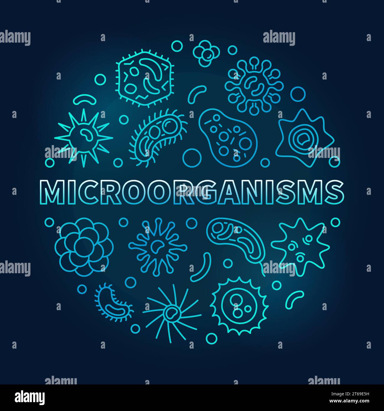 Mikroorganismen runder Vektor blaue Mikrobiologie Umrissillustration gemacht mit Bakterien und Erreger Konzept Symbole auf dunklem Hintergrund Stock Vektor