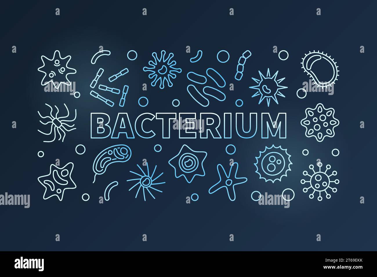 Horizontales blaues Bacterium-Banner. Vektor-Mikrobiologie farbige Illustration mit Bakterienkonzept Umrisssymbole auf dunklem Hintergrund Stock Vektor