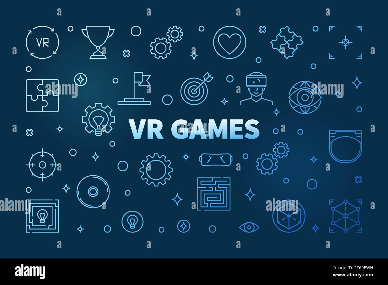 VR-Spiele-Vektorkonzept horizontale Umrandung blaue Illustration auf dunklem Hintergrund Stock Vektor