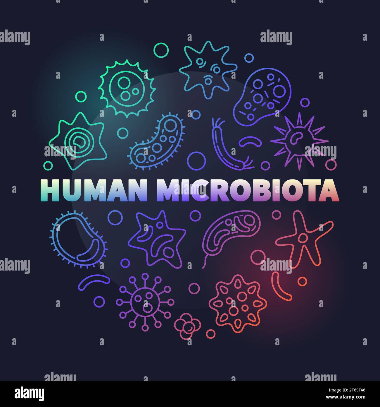 Menschliche Mikrobiota runde vektorfarbige Illustration in dünner Linienart auf dunklem Hintergrund Stock Vektor