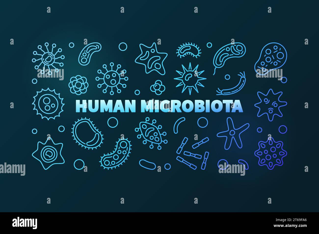 Humanes Mikrobiota-blaues Vektorkonzept horizontale Illustration im Umrissstil auf dunklem Hintergrund Stock Vektor
