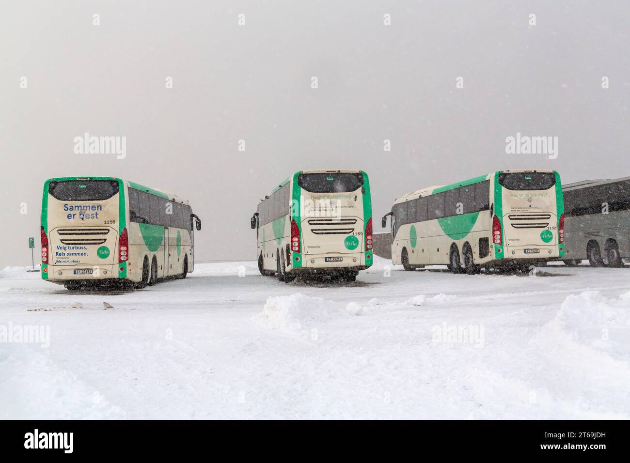 Reisebusse parkten im Oktober im Schnee am Nordkap, Nordkapp, Norwegen, Skandinavien, Europa Stockfoto