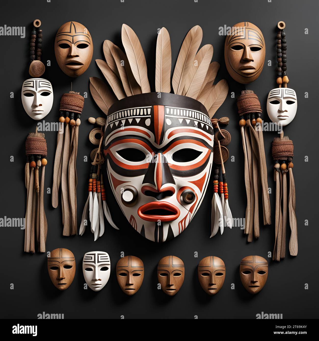 Ein Holzrahmen mit einer Sammlung von Stammesmasken und Köpfen aus verschiedenen indigenen Kulturen Stockfoto