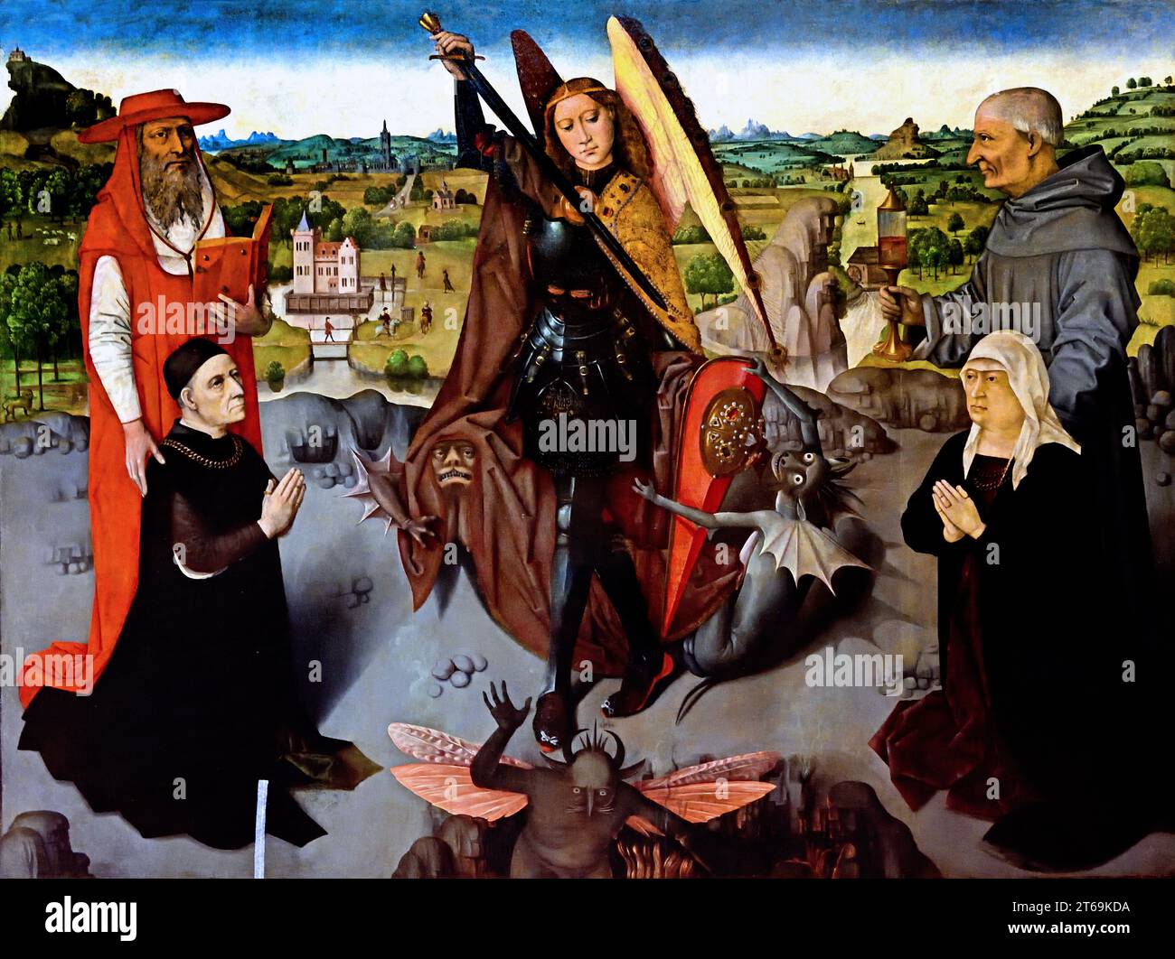 Der Erzengel Michael mit dem Heiligen Jerome und dem Heiligen Jakobus der Marken und zwei Spendern, 1490-1500. Bourbon Kollektion. Museum für schöne Kunst, unbekannter neapolitanischer Maler Neapel Italien, Italienisch, Stockfoto