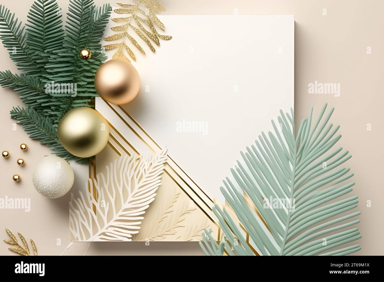 Ein festlicher und lebhafter Gruß mit Palmblättern, goldenen Ornamenten und immergrünen Zweigen Stockfoto