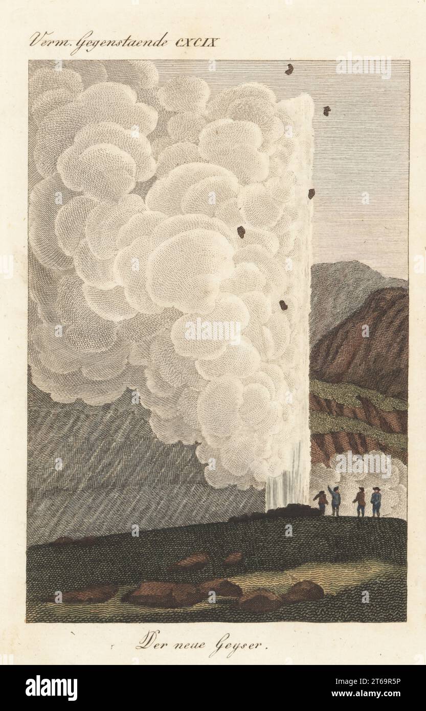 Blick auf den Neuen Geysir auf Island, 1811. Schottische Wissenschaftler in der Nähe von Wasser- und Dampfsäulen, die aus dem Boden ausbrechen. Kopiert von einer Illustration des schottischen Geologen Sir George Steuart Mackenzie in seinen Reisen auf der Insel Island, 1811. Handkolorierter Kupferstich aus Carl Bertuchs Bilderbuch fur Kinder, Weimar, 1815. Eine 12-bändige Enzyklopädie für Kinder, illustriert mit fast 1.200 gravierten Platten über Naturgeschichte, Wissenschaft, Kostüm, Mythologie usw., veröffentlicht von 1790-1830. Stockfoto