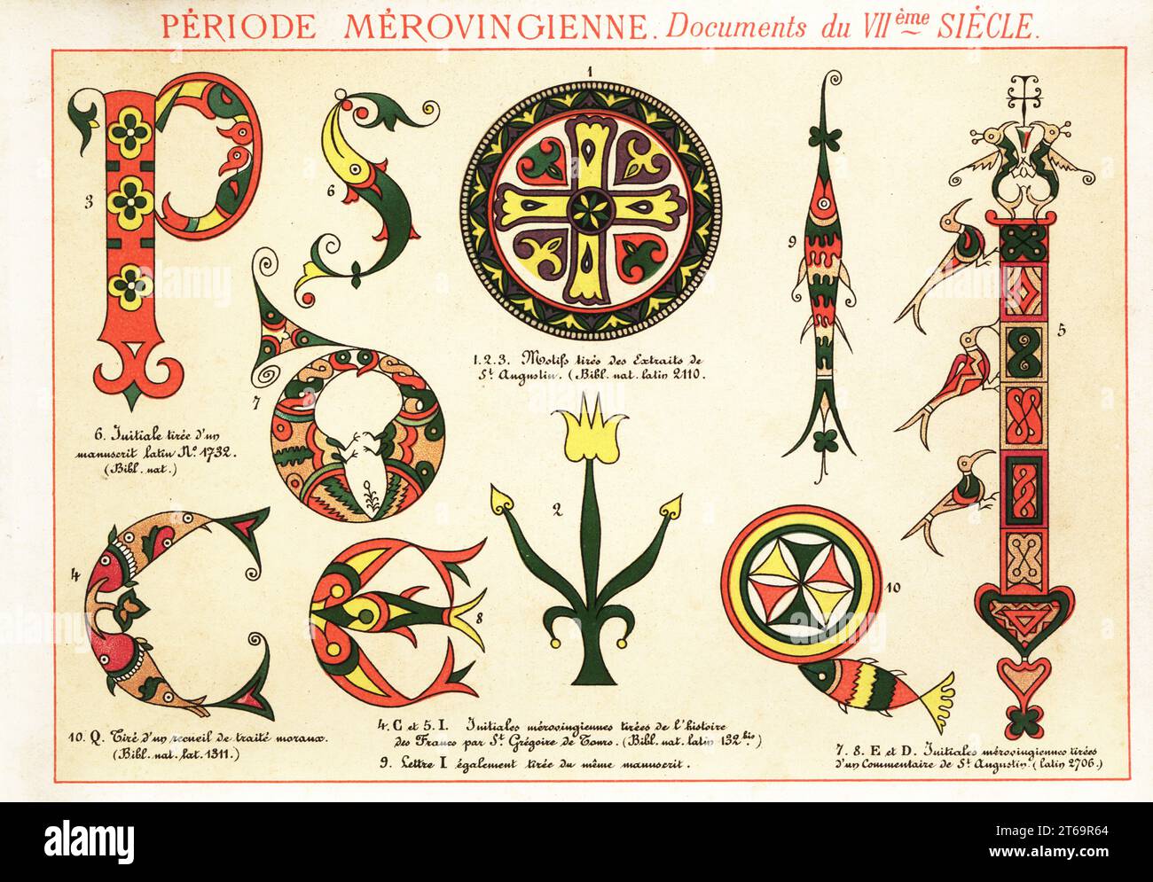 Anfangsbriefe und Fleurone aus Dokumenten der merowingischen Dynastie, 7. Jahrhundert. Aus Auszügen von St.. Augustine, Geschichte der Franken von Gregor of Tours, Kommentar zu St. Augustine, etc. 1-3 Extraits de St. Augustin, Lätzchen Nat. Lateinisch 2110, 4,5,9 lhistoire des Francs par St. Gregoire de Tours 132bis, 6 Manuskrit Latin 1732., 7,8 commentaire de St. Augustin, lateinisch 2706, 10 traite moraux, lateinisch 1311. Chromolithograph entworfen und lithographisch von Ernst Guillot aus Elements dOrnementation pour lEnluminure (Elements of Ornamentation for Illumination), Renouard, Paris, 1890. Stockfoto