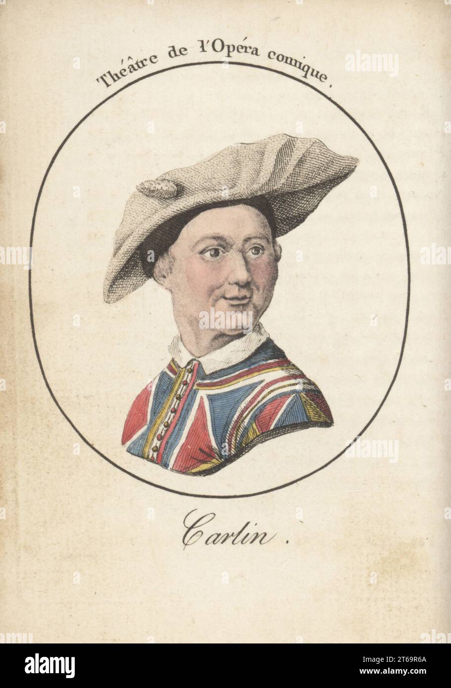 Carlo Antonio Bertinazzi oder Carlin, italienischer Schauspieler, berühmt für seine Darbietung als Harlekin in der Commedia dell'arte, 1710-1783. Theater de l'Opera comique. Handkolorierter Kupferstich nach Jacques Grasset Saint-Sauveur von Acteurs et Actrices Cebres, berühmten Schauspielern und Schauspielerinnen, Le Caliz Latour Libraire, Paris, 1808. Stockfoto