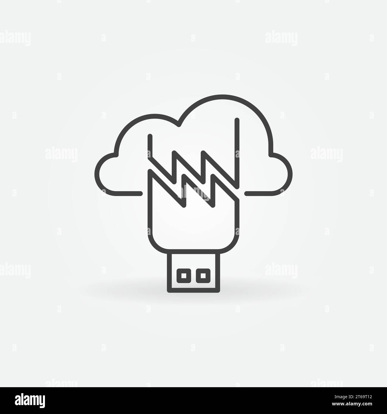 Beschädigtes USB-Flash-Laufwerk mit Cloud-Umrisssymbol. Lineares Symbol für das Wiederherstellungskonzept von Vektordateien Stock Vektor