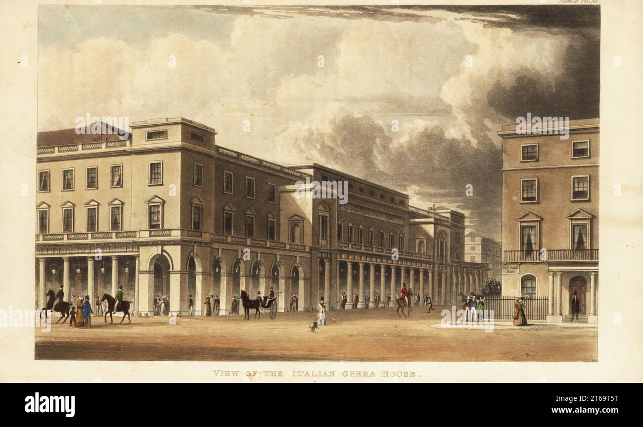 Blick auf das italienische Opernhaus, entworfen von Michael Novosielski, Ecke Charles II Street und Haymarket, London. 1822. Modische Leute schlendern in der Säulenhalle davor, und Busse und Fahrer fahren auf der Straße vorbei. AUCH BEKANNT ALS The Kings Theatre, Queens Theatre, jetzt her Majestys Theatre. Handkolorierter Kupferstich von Rudolph Ackermanns Repository of Arts, Literature, Fashions, Manufakturen usw., Strand, London, 1822. Stockfoto